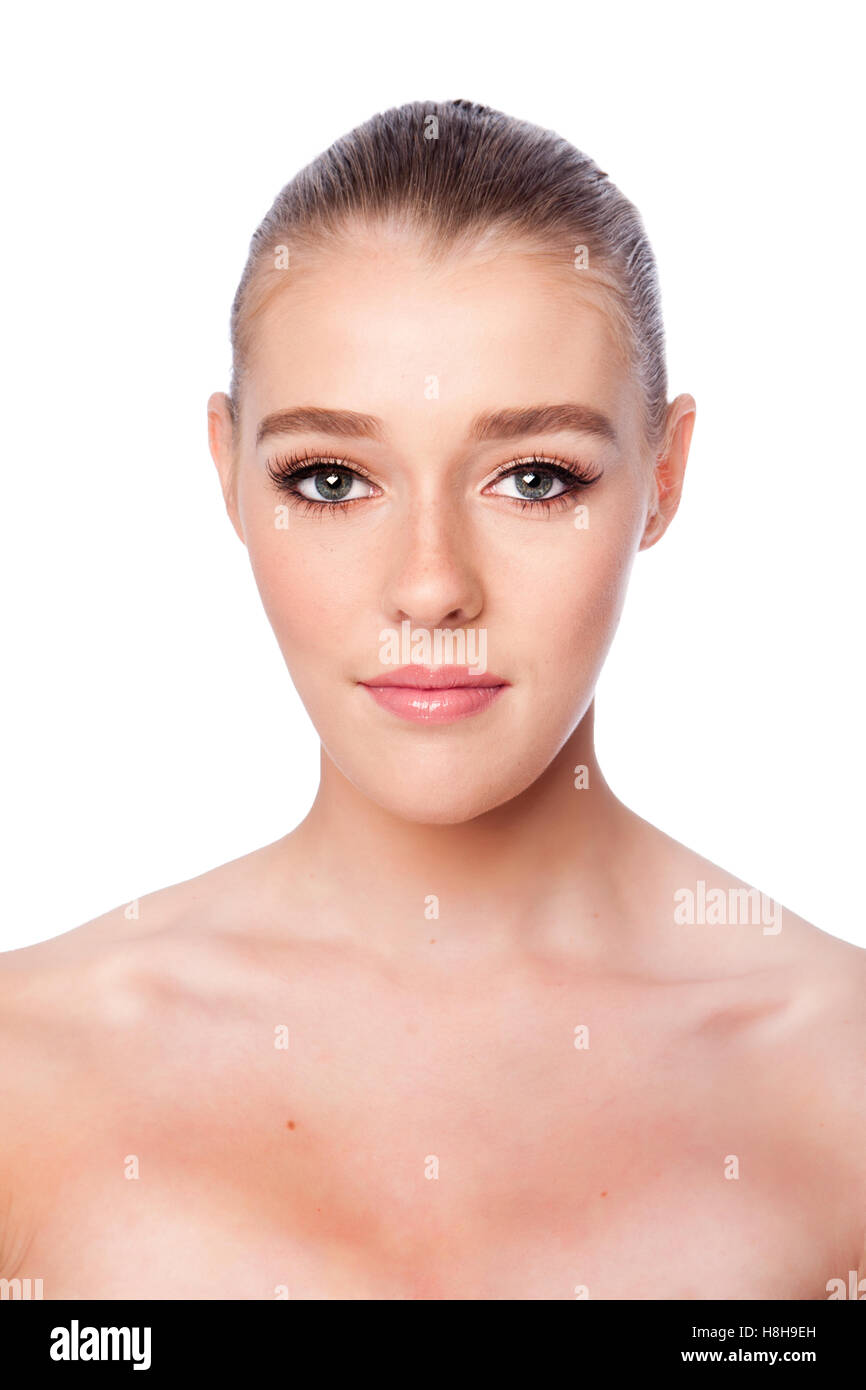 Beautiful clean face of woman, aesthetics exfoliating skincare concept, on white. Stock Photo