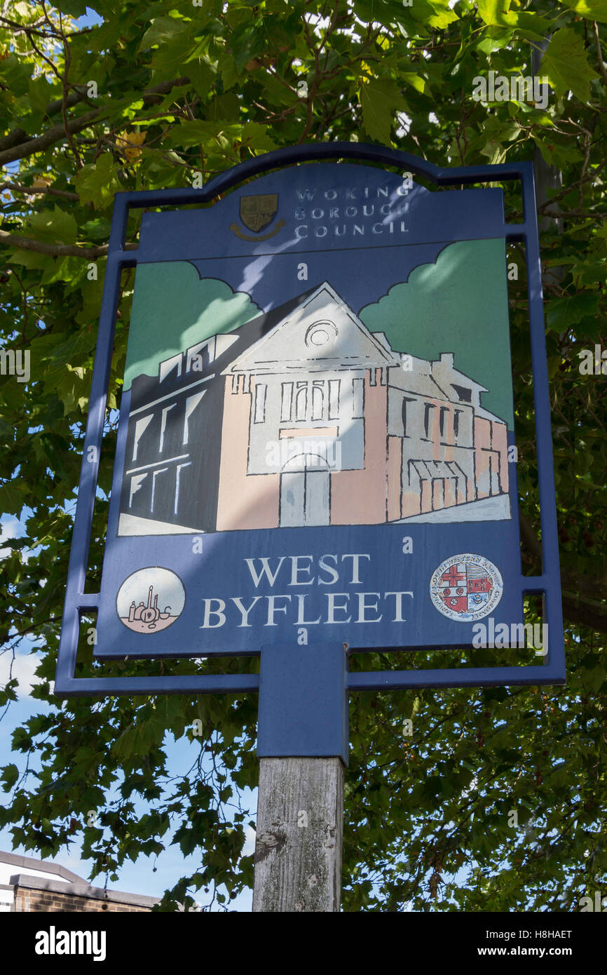 Village sign, Old Woking Road, West Byfleet, Surrey, England, United