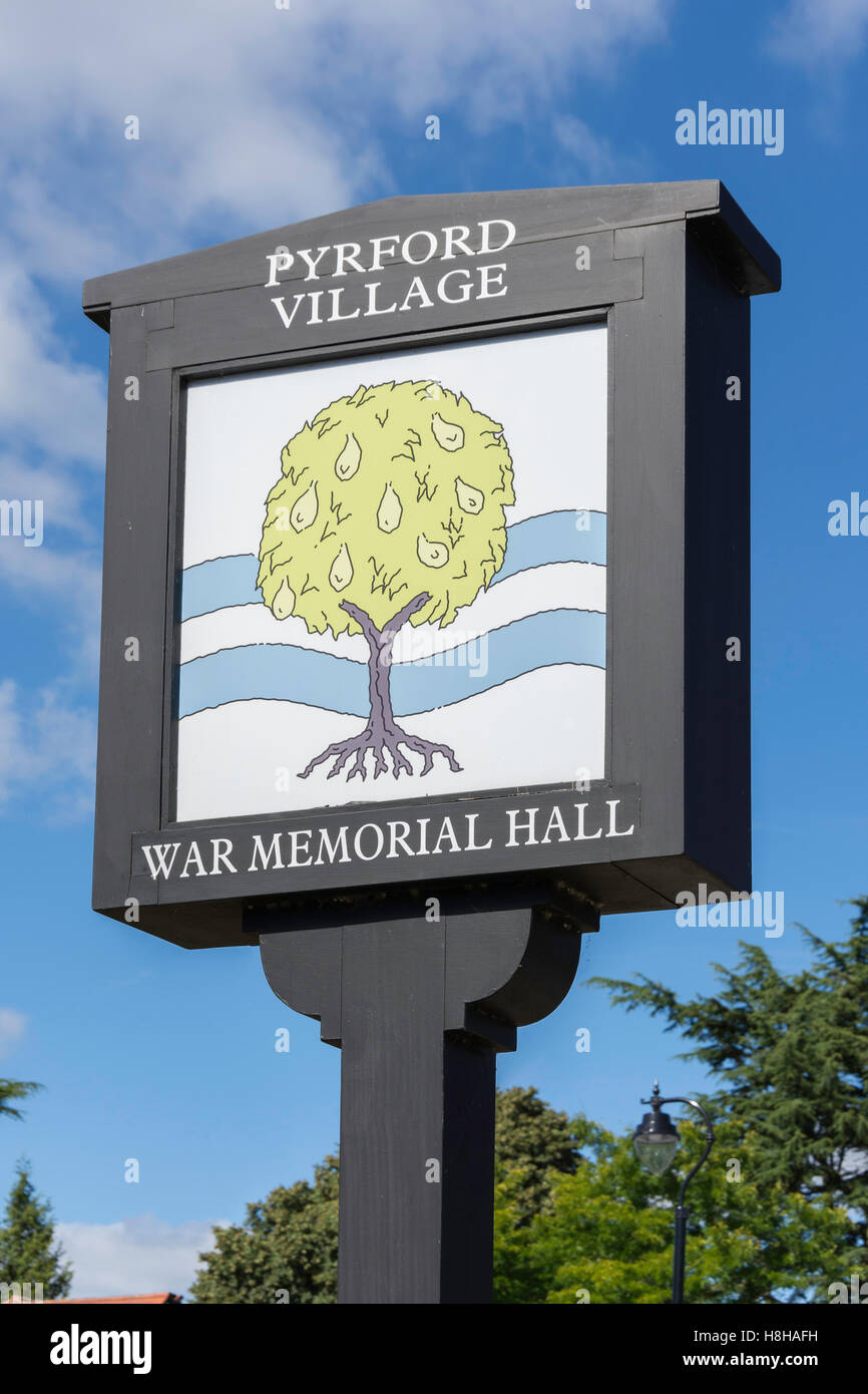 Pyrford Village War Memorial Hall sign, Pyrford, Surrey, England