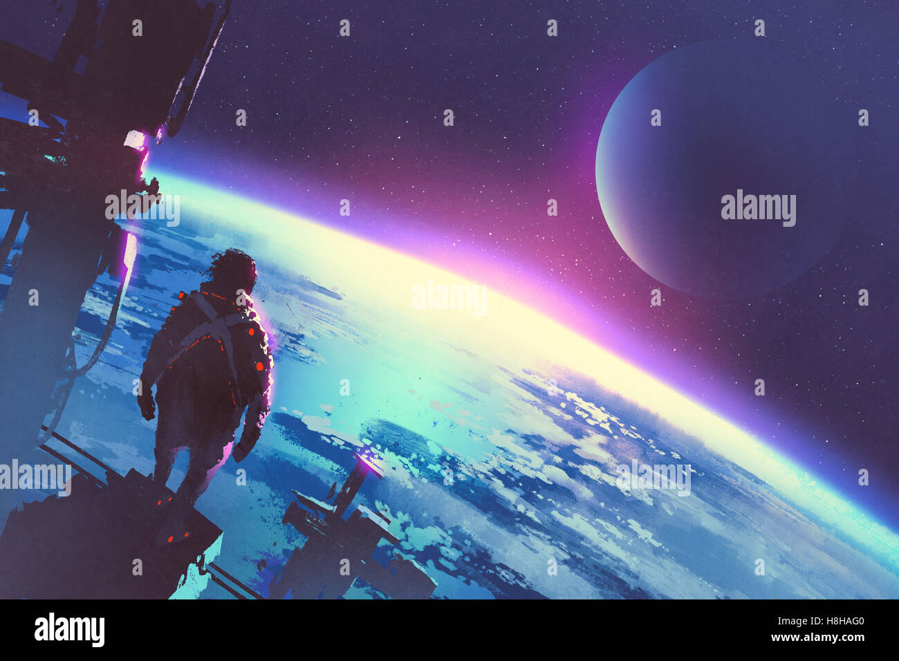 sci-fi concept of the man looking a surface of the earth from a space,illustration painting Stock Photo