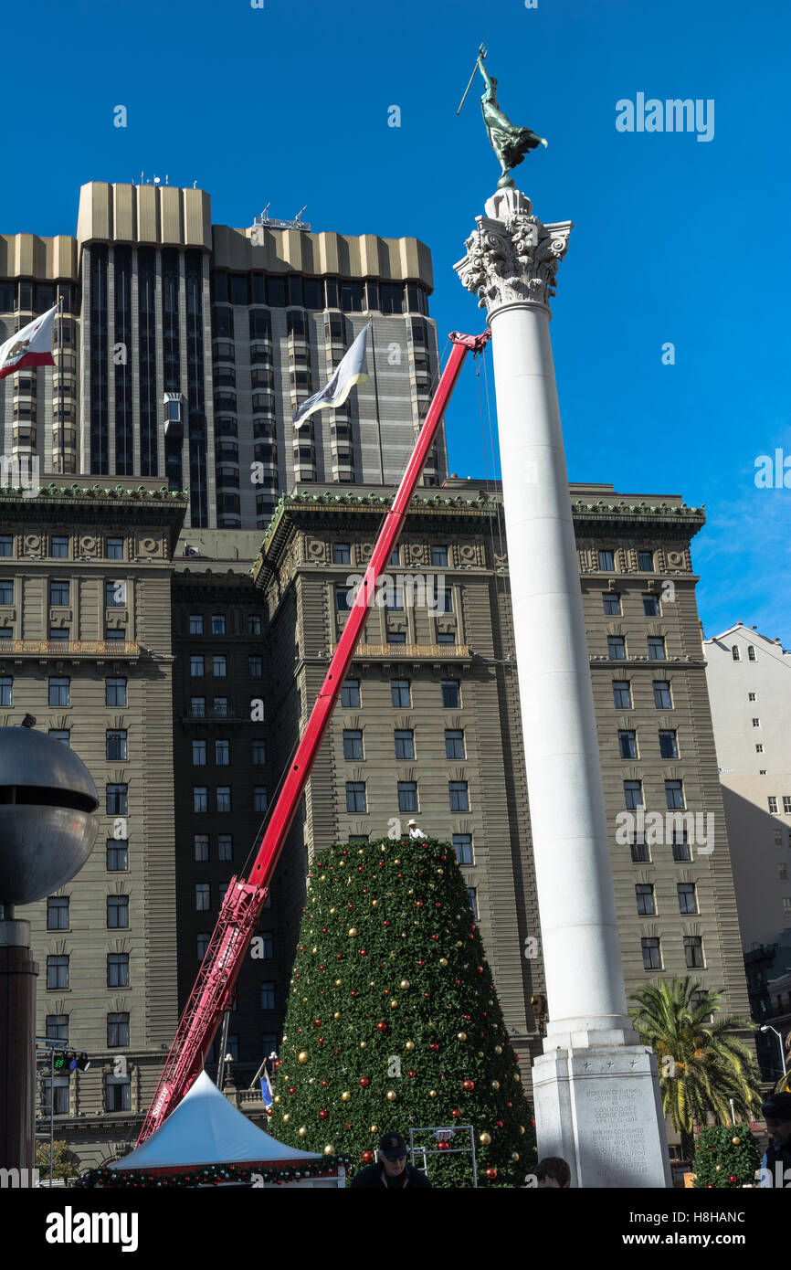 Christmas tree in the making at Union Square, San Francisco Stock Photo