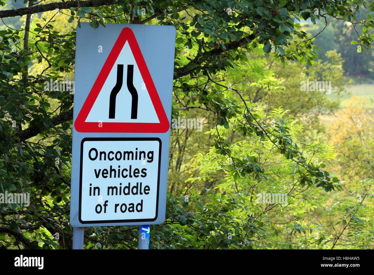 Warning sign of oncoming Vehicles in middle of road Stock Photo