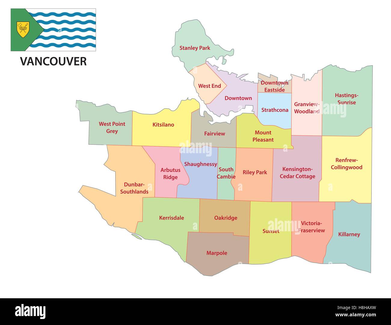 vancouver administrative map with flag Stock Vector
