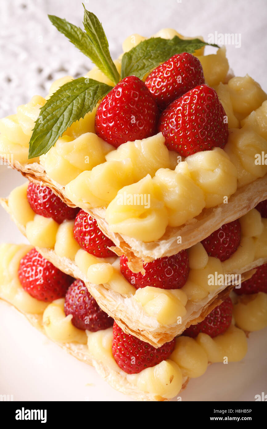 French dessert strawberry millefeuille with cream Patissiere macro