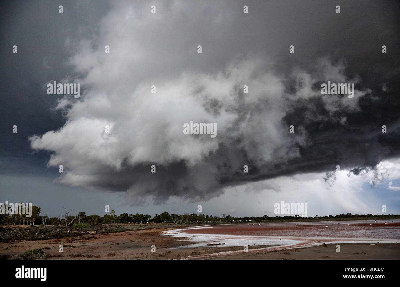 Damaging thunderstorm forming over a salt lake near Mildura, Victoria, Australia Stock Photo