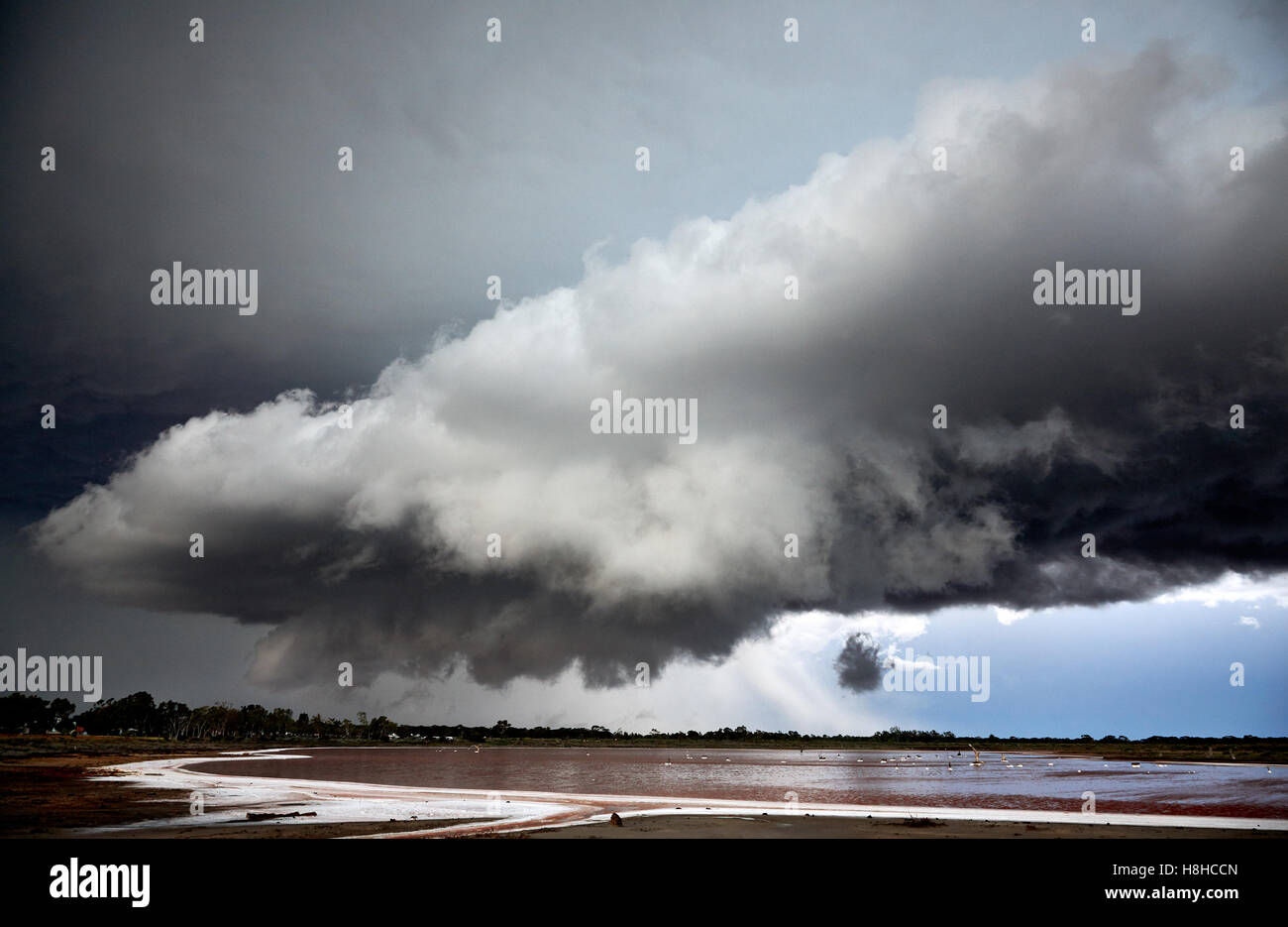 Damaging thunderstorm forming of salt lake near Mildura, Victoria, Australia Stock Photo