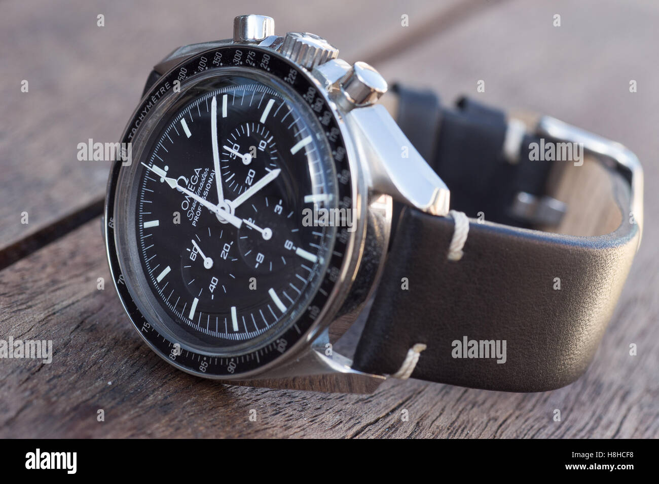 Omega Speedmaster Professional Moonwatch on black leather strap Stock Photo  - Alamy