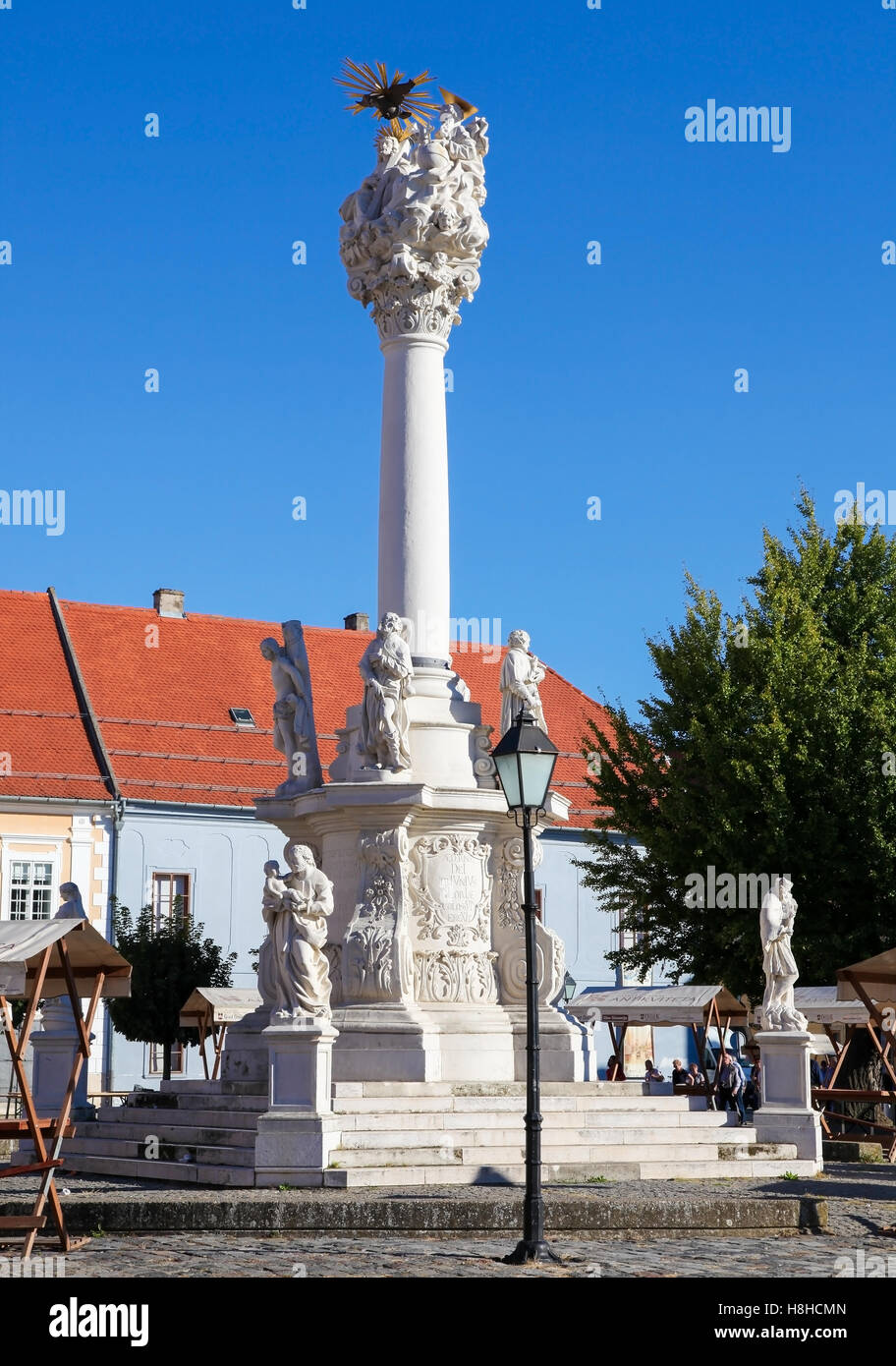 Holy Trinity Column at the Holy Trinity square (Trg Svetog Trojstva), the central place in Tvrdja, the Fortress or historic cent Stock Photo