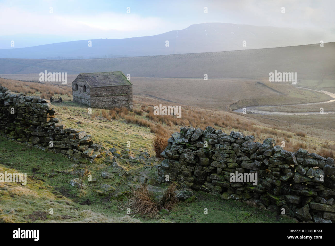 Stone Barn viewed through gap in dry stone wall, at Cotterdale, with distant views of Whernside partially in the clouds, Februar Stock Photo