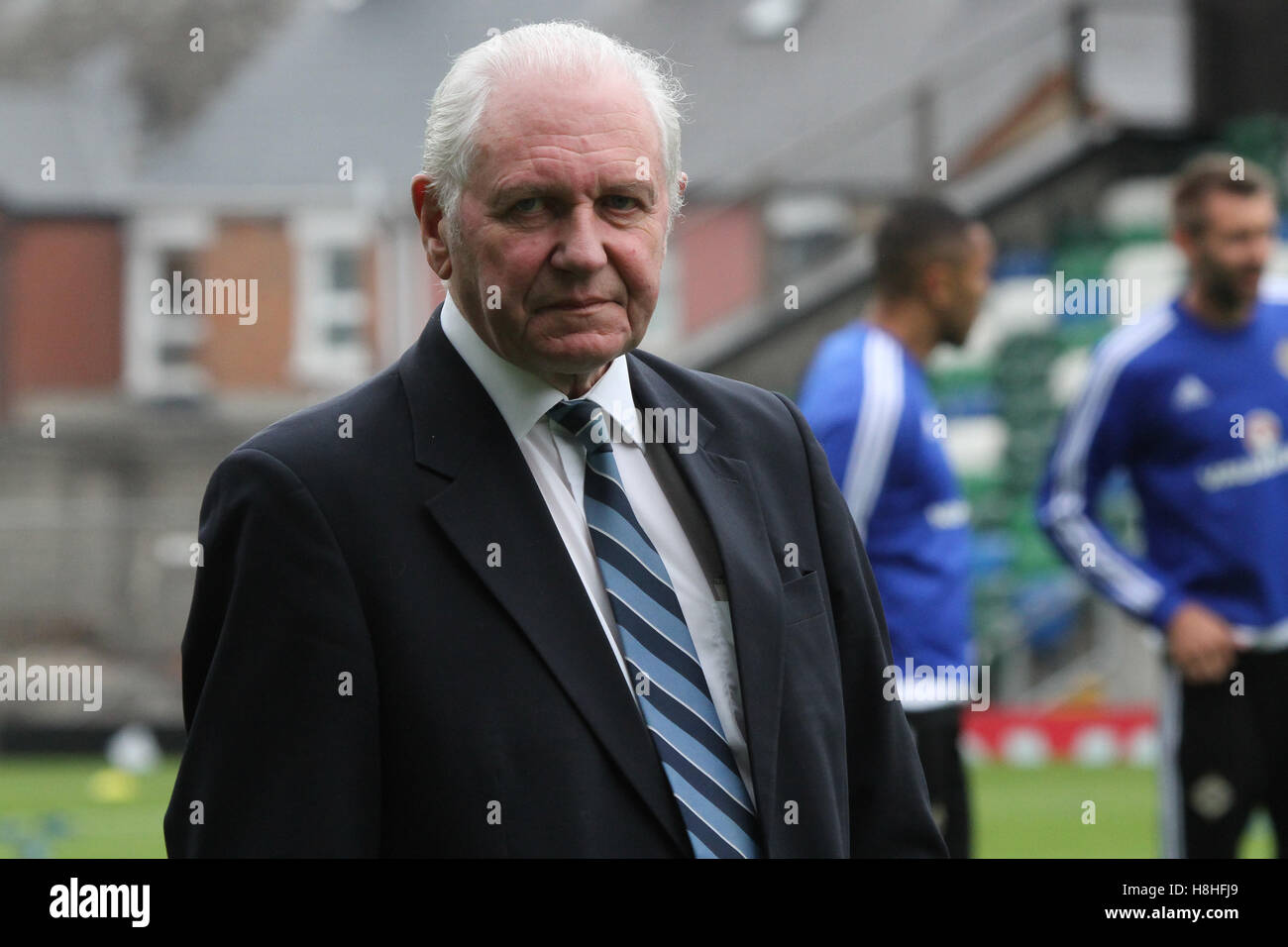Windsor Park, Belfast. 26th May 2016. Then IFA President Jim Shaw at the senior squad training session as Northern Ireland prepared for their international friendly against Belarus the next day. Stock Photo