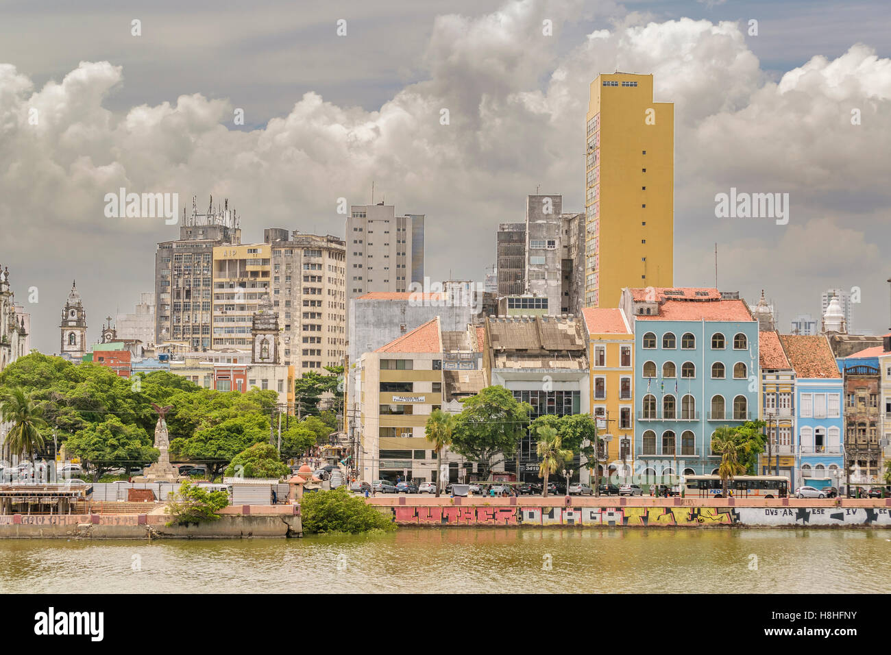 RECIFE, BRAZIL, JANUARY - 2016 - Cityscape view of eclectic style buildings at riverfront in Recife city, Brazil Stock Photo