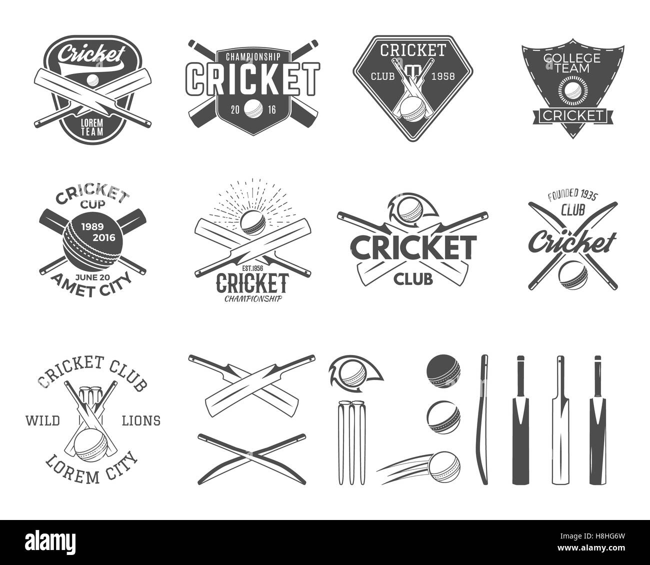 Set of cricket sports logo templates. Cricketer emblems and gear, equipment symbols. Sporting