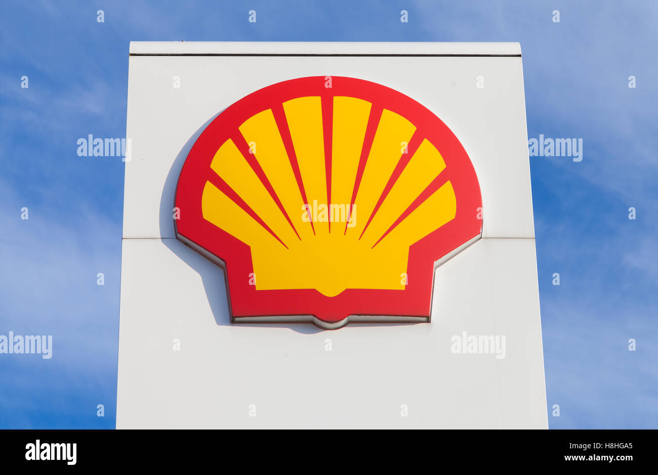 BURG / GERMANY - NOVEMBER 13, 2016: Shell gas station sign. Shell is an Anglo-Dutch multinational oil and gas company. Stock Photo