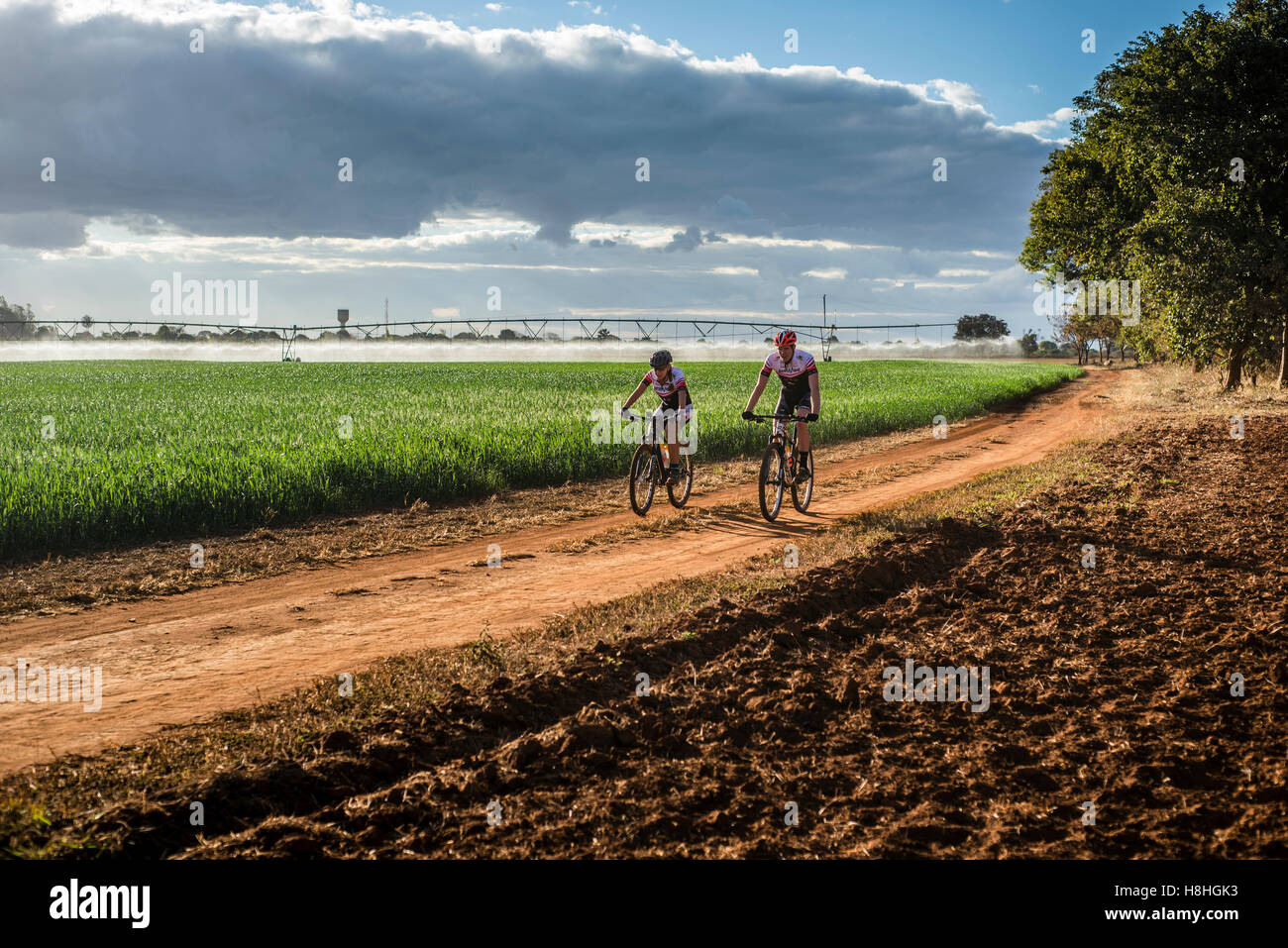 Сyclers ride along the field near Lusaka, Zambia Stock Photo