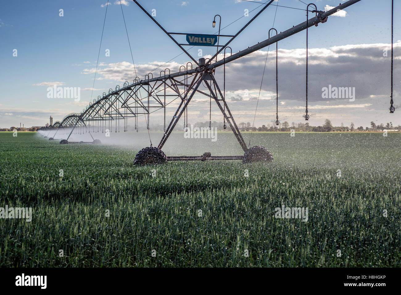 Irrigation system in action at a farm near Lusaka, Zambia Stock Photo