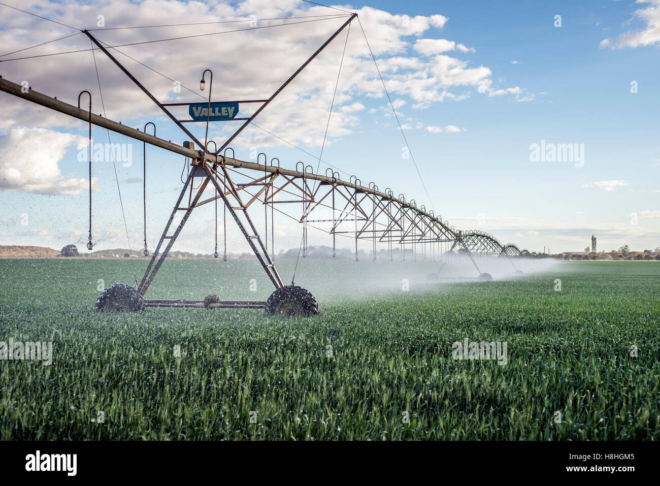 Irrigation system in action at a farm near Lusaka, Zambia Stock Photo