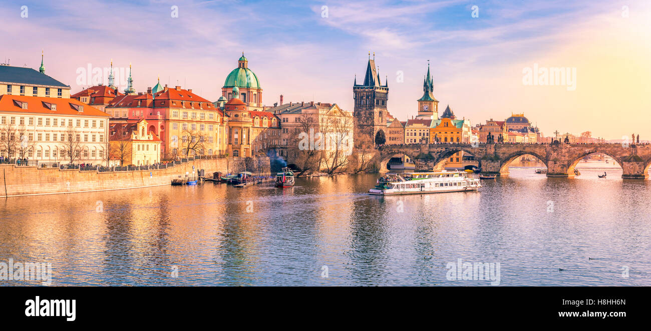 Prague panorama with its river and buildings Stock Photo