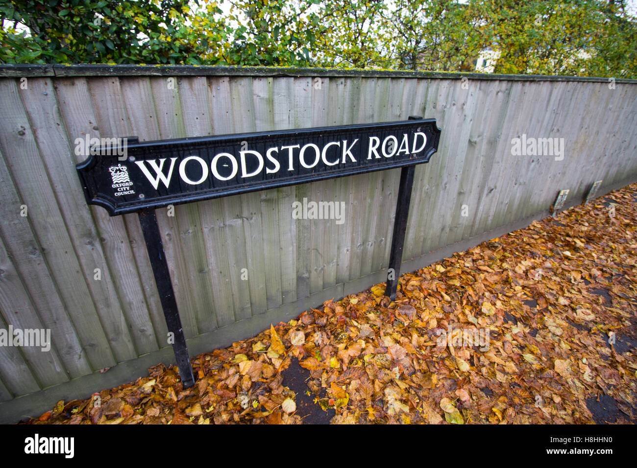 Woodstock road street sign surrounded by Autumn leaves in Summertown