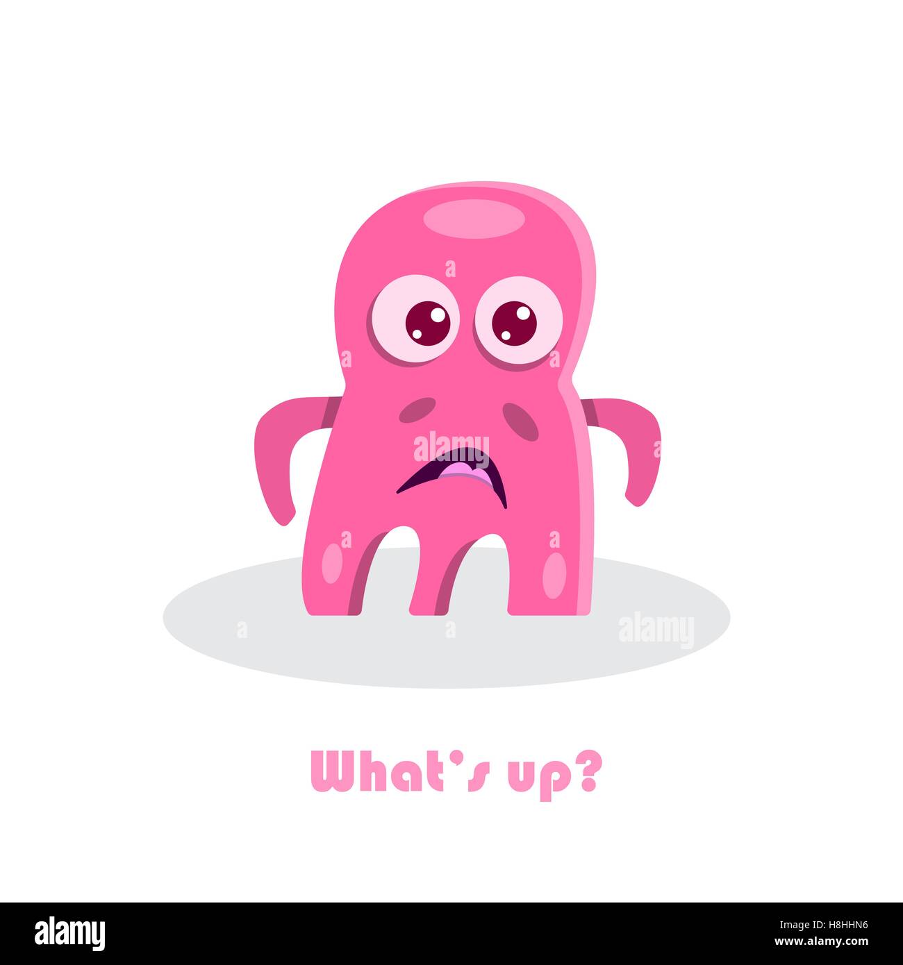 Whats up? text with funny monster. Scared comic funny pink cartoon beast. Cute kid drawing. Humor vector illustration. Stock Vector