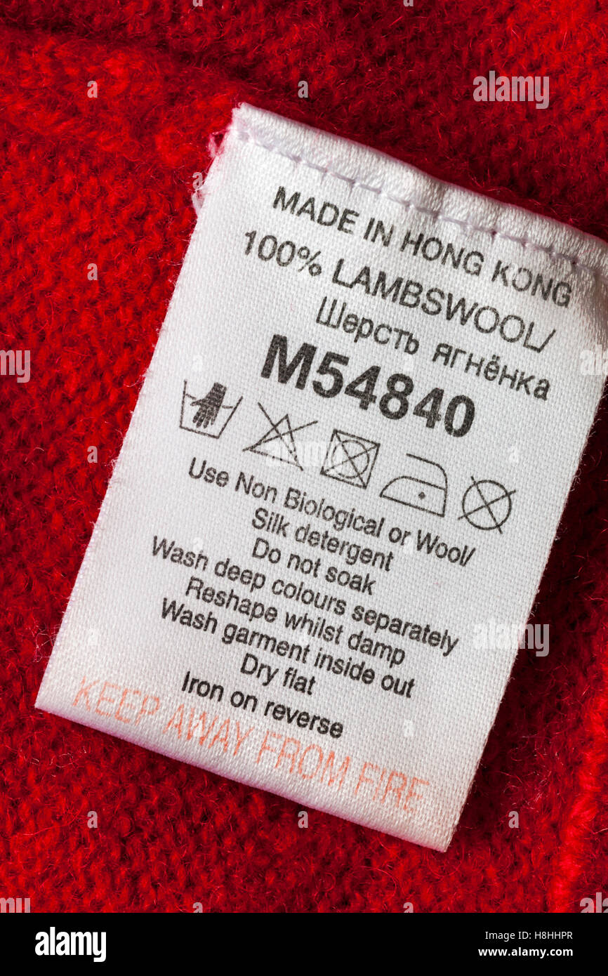 care instructions label in 100% lambswool jacket made in Hong Kong