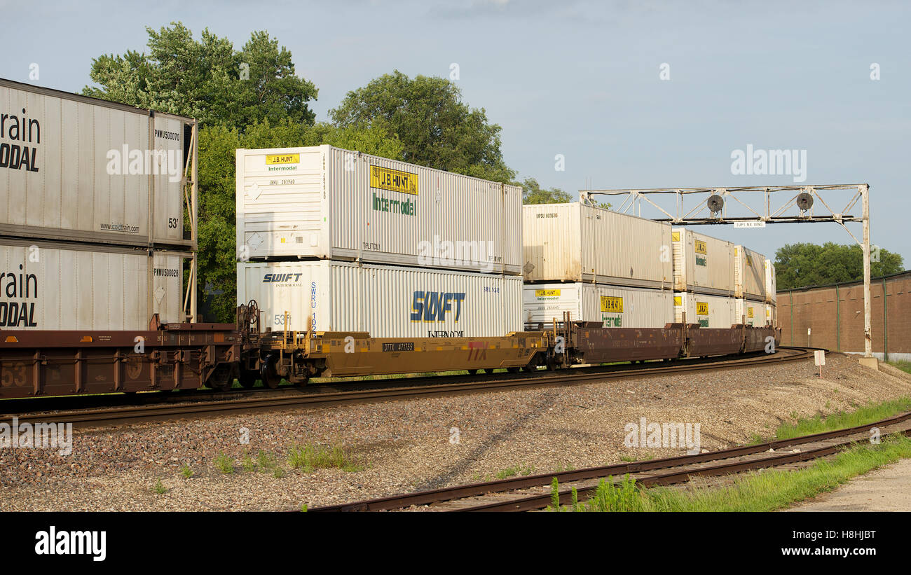 Double-stack container train passing Rochelle, Illinois, USA. Stock Photo