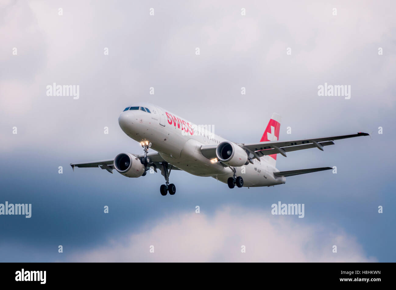 Maribor, Slovenia - June 27 2014: Swiss International Airlines crew is training in Maribor with an Airbus A-320 executing traffi Stock Photo
