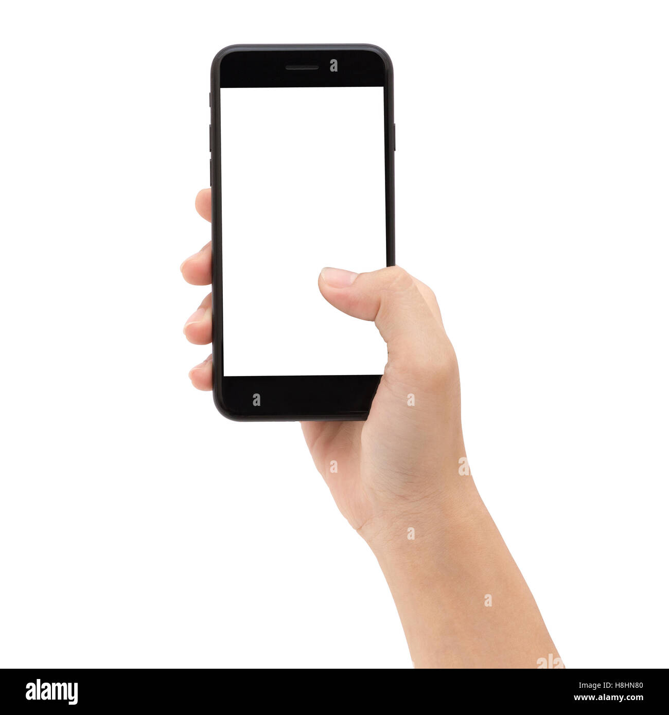 Close-up hand holding phone white screen isolated on white background clipping path inside Stock Photo