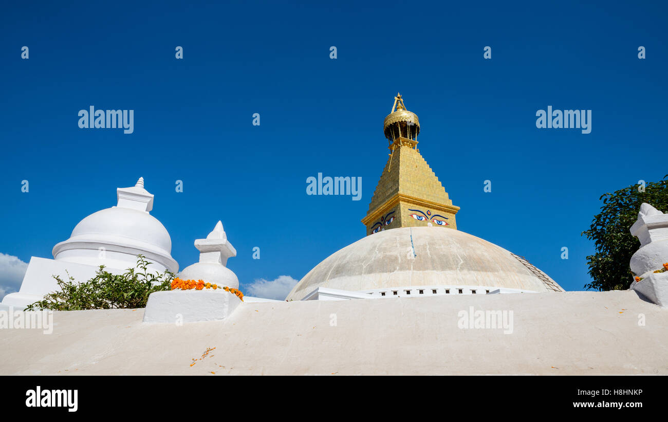 Boudhanath stupa in Kathmandu, Nepal. The top has been rebuilt since 2015 Nepal earthquake. Stock Photo