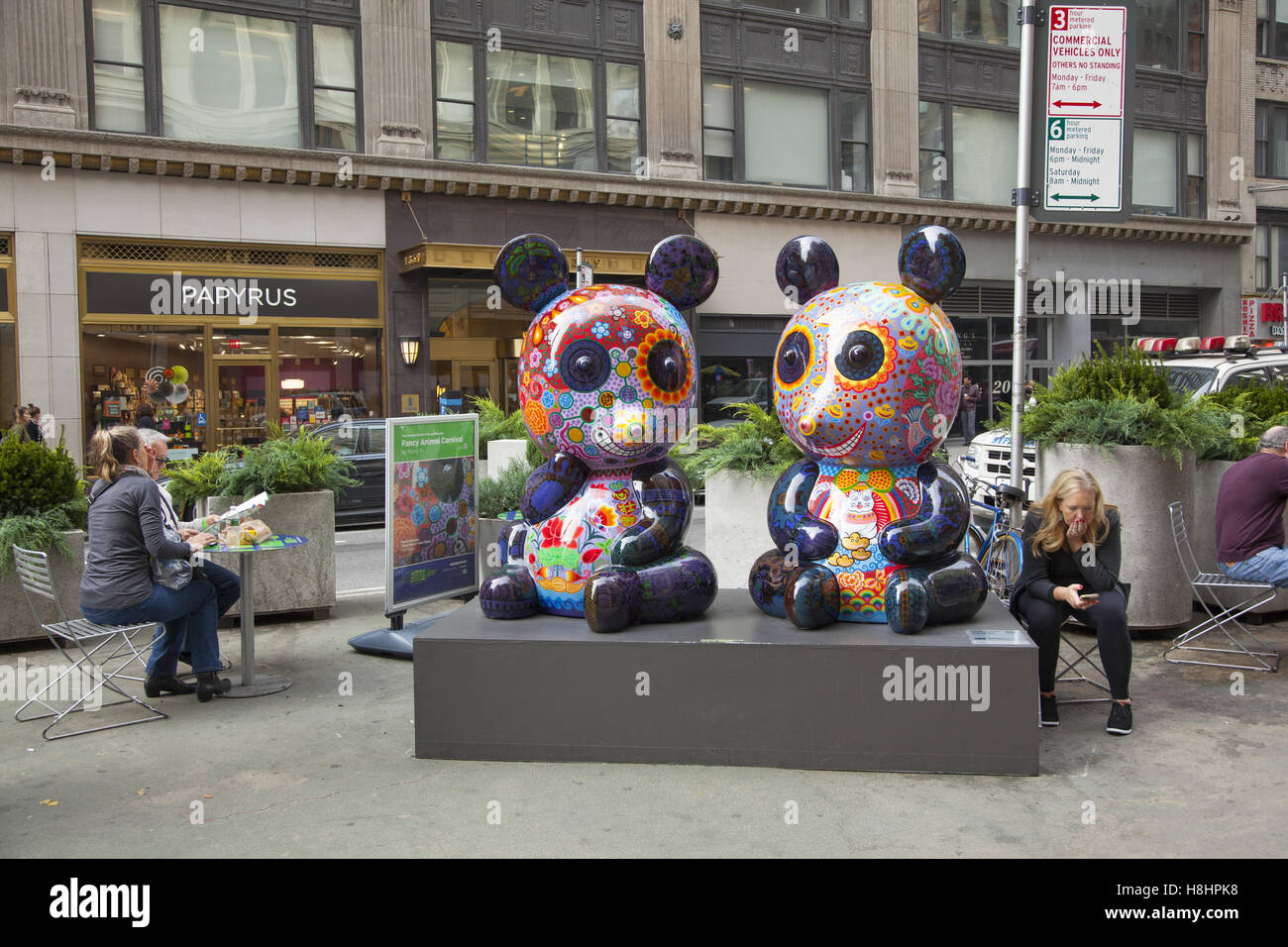 Taiwanese artist Hung Yi is having his 'Fancy Animal Carnival' painted sculptures displayed along Broadway in the Garment District in New York City. Stock Photo
