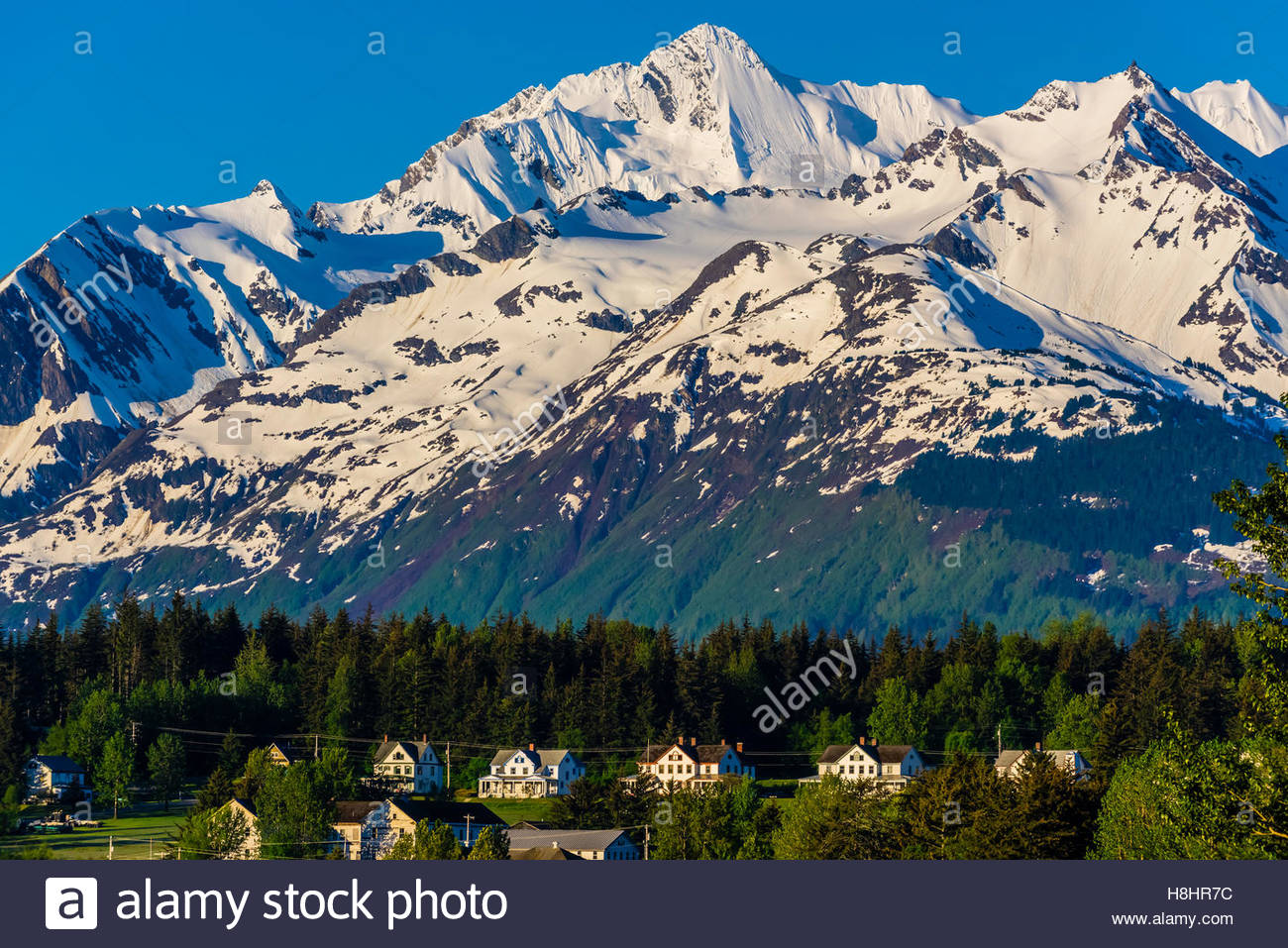 Haines, Alaska USA. Haines is surrounded by mountains and water Stock