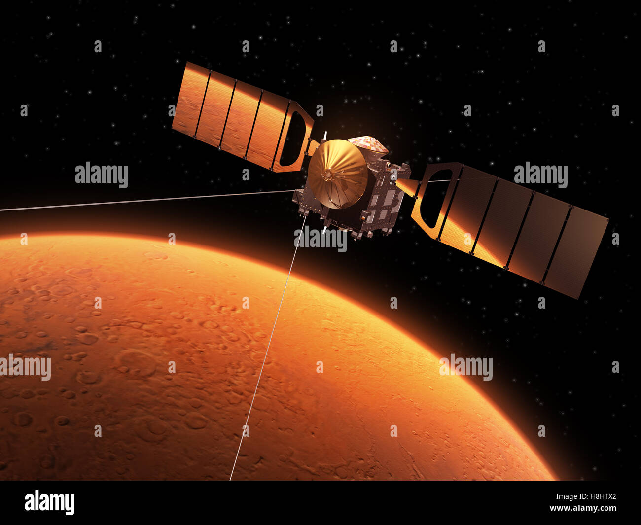Red Planet Is Reflected In Solar Panels Of Interplanetary Space Station Stock Photo