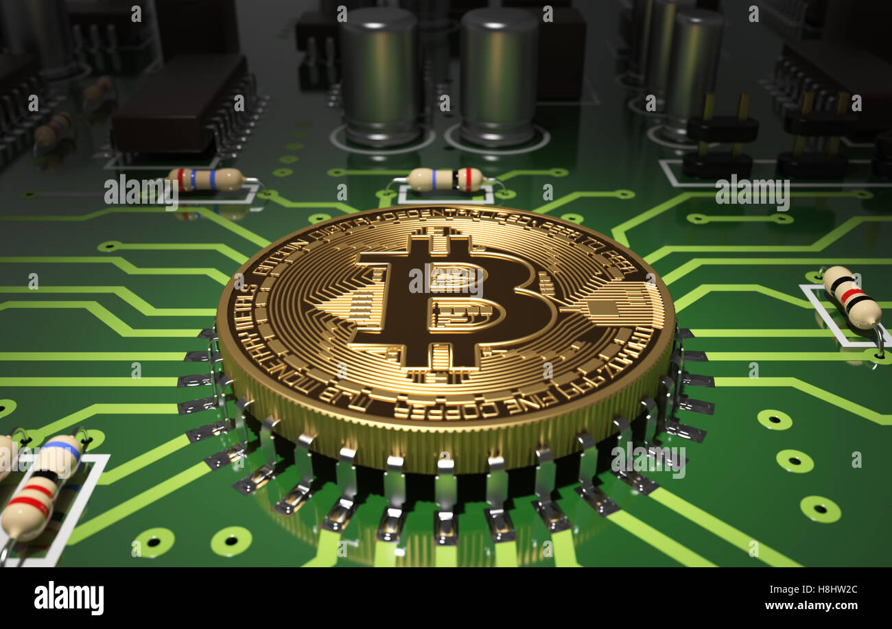 Concept Of Bitcoin Like A Computer Processor On Motherboard Stock Photo