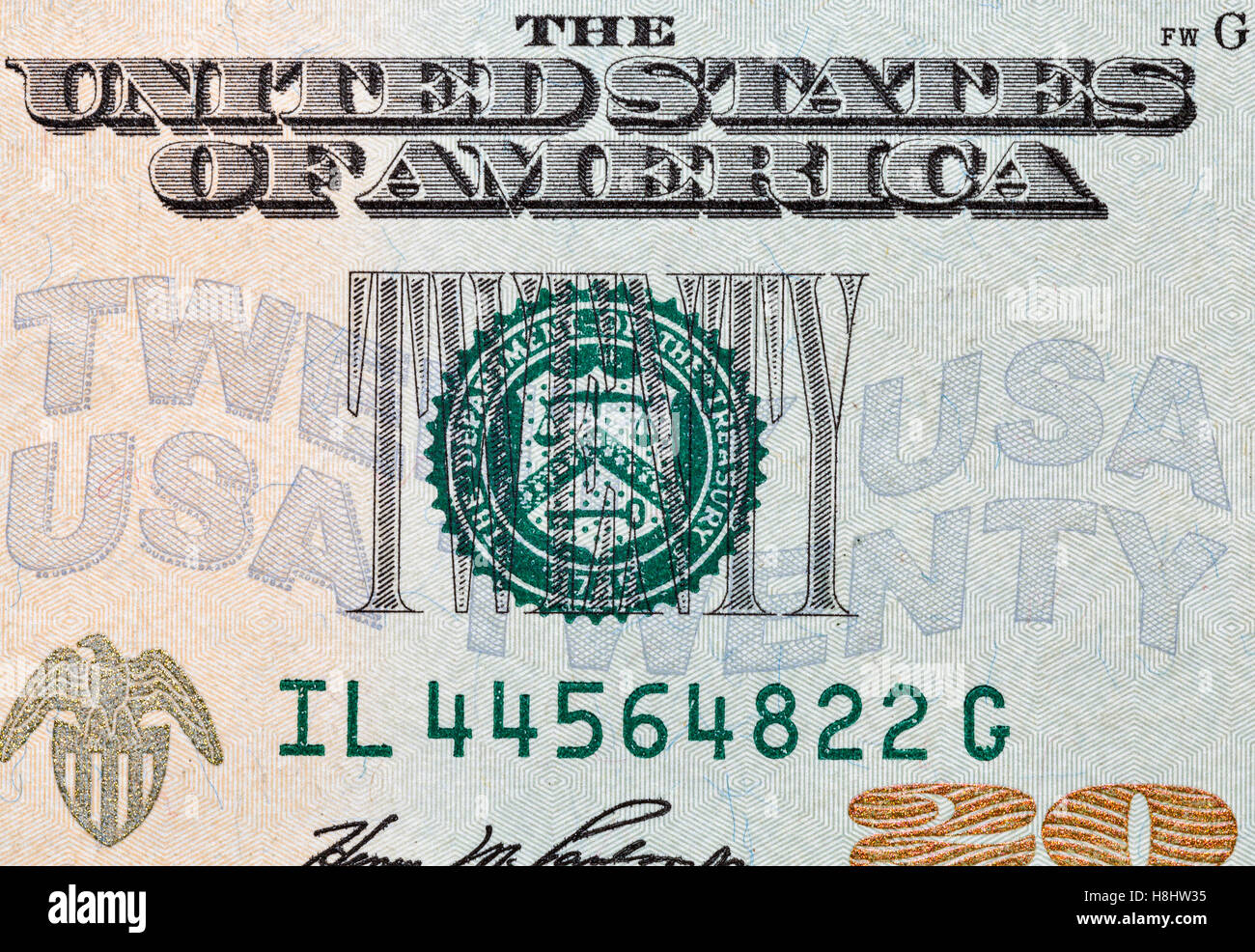 Stamp of the Department of The Treasury on US twenty dollars bill closeup macro Stock Photo