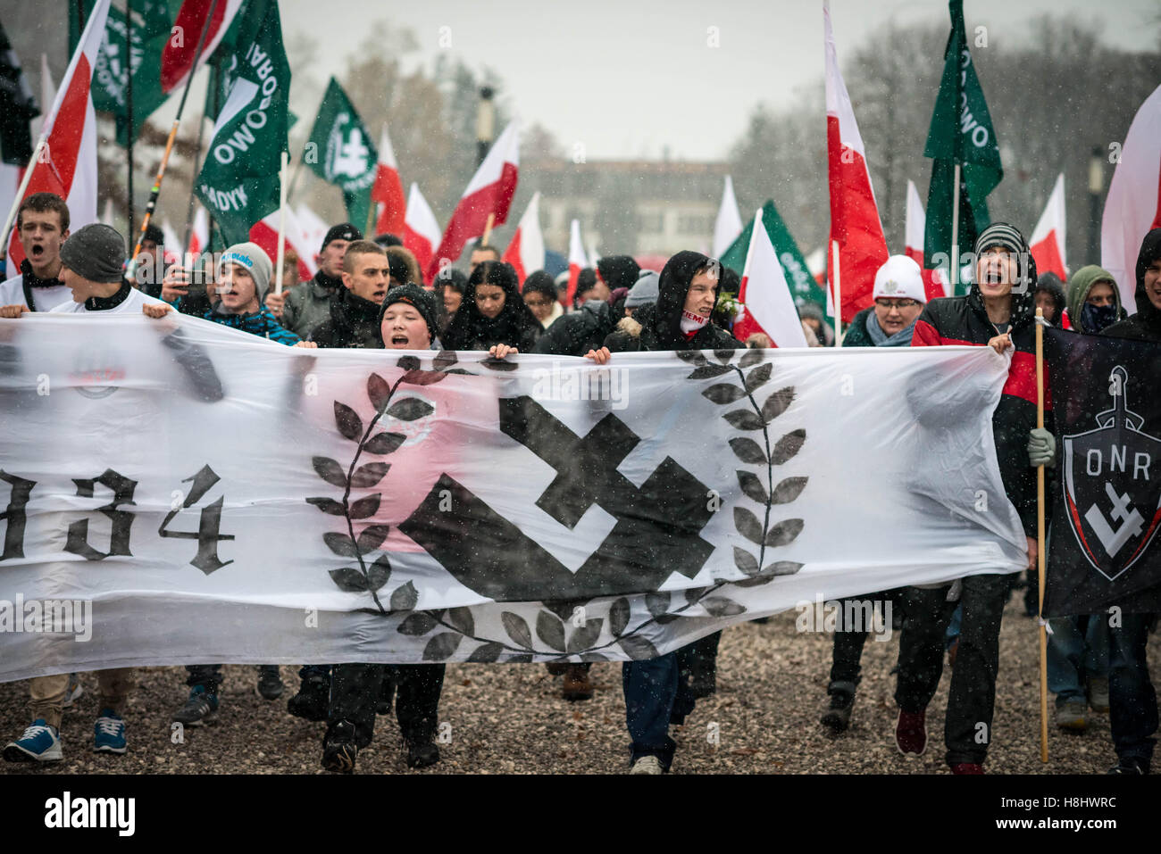 Thousands join the annual march in Warsaw organised by Poland's nationalist right commemorating National Independence Day. Stock Photo