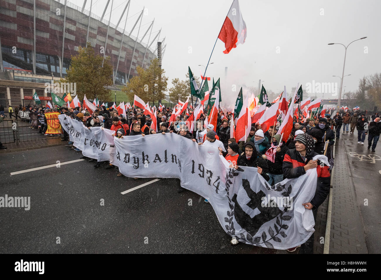 Thousands join the annual march in Warsaw organised by Poland's nationalist right commemorating National Independence Day. Stock Photo