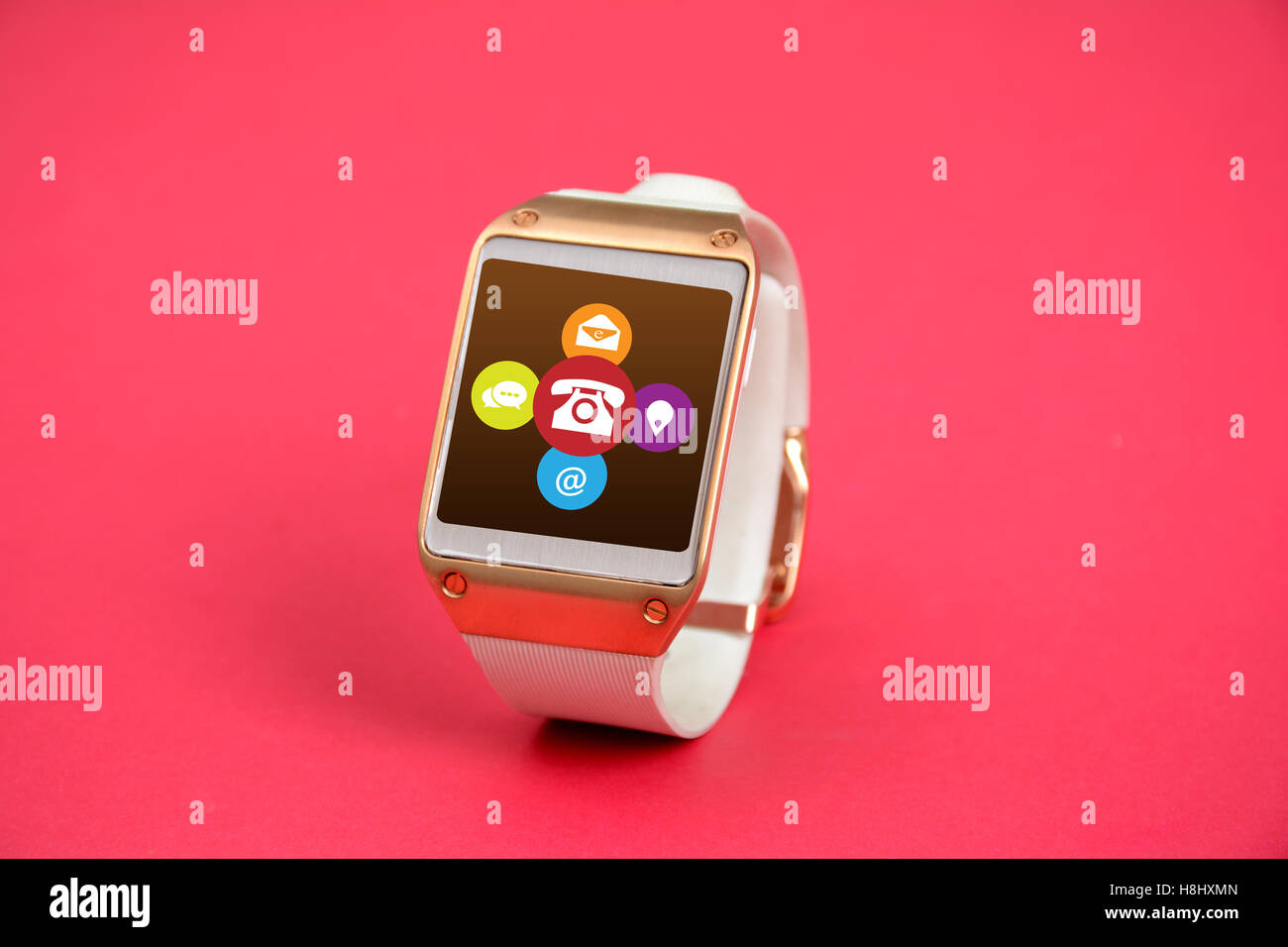 Digital Smart Watch with Contact Means Icons Pink Banner Stock Photo