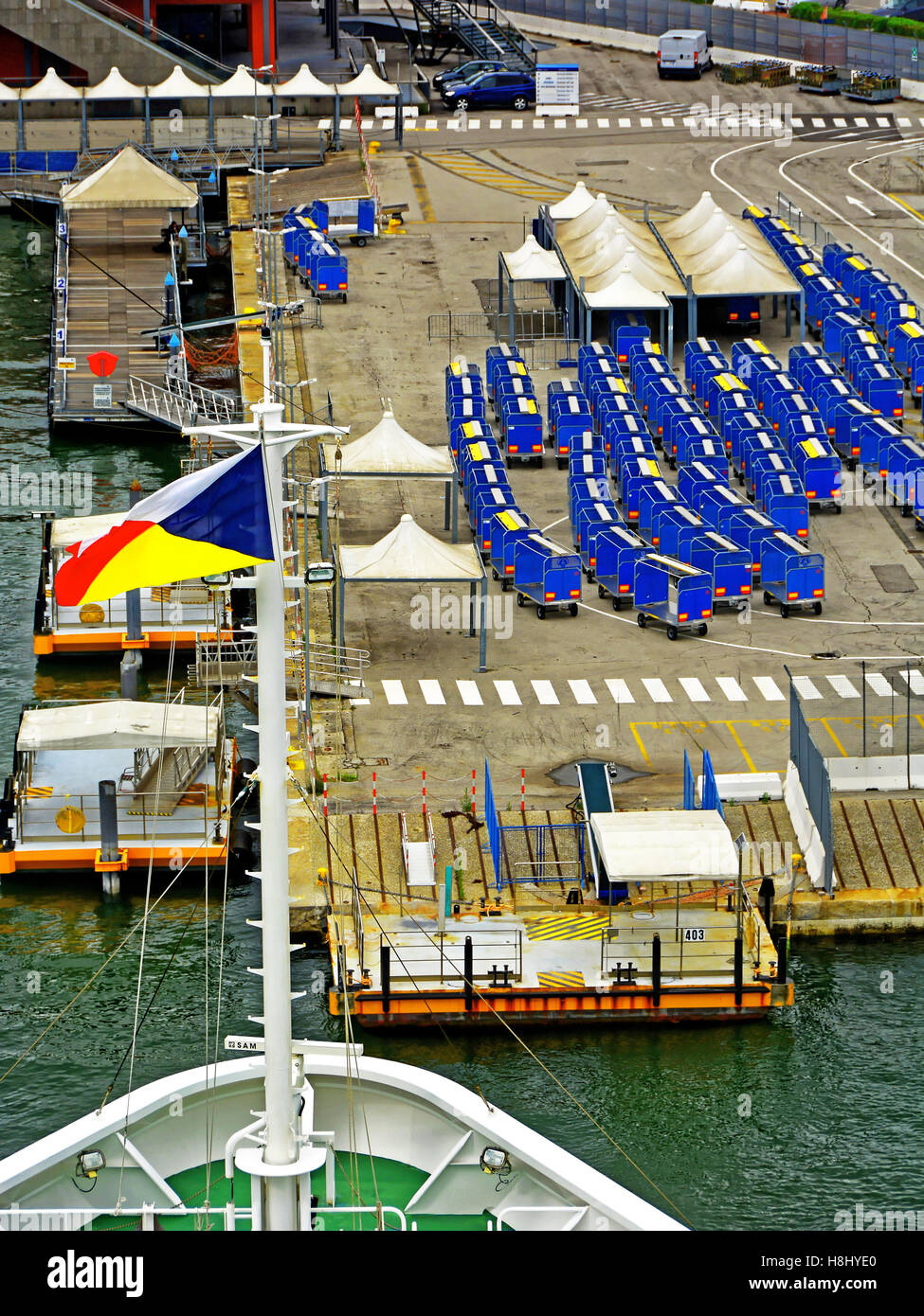 Venice passenger cruise ship terminal luggage carts carriers Stock