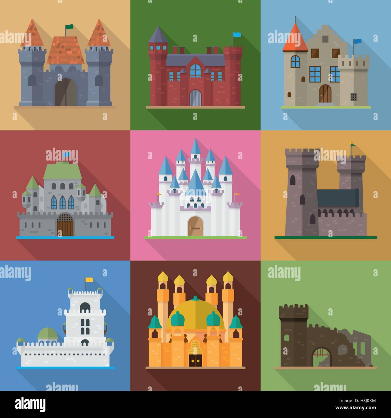 Flat design long shadow castles, palaces, mansions and ruins vector illustration Stock Vector