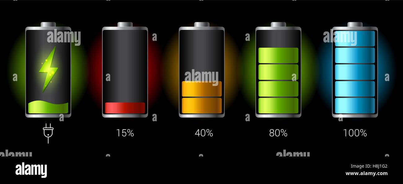 Discharged and fully charged battery smartphone - vector infographic. Isolated on black background Stock Vector