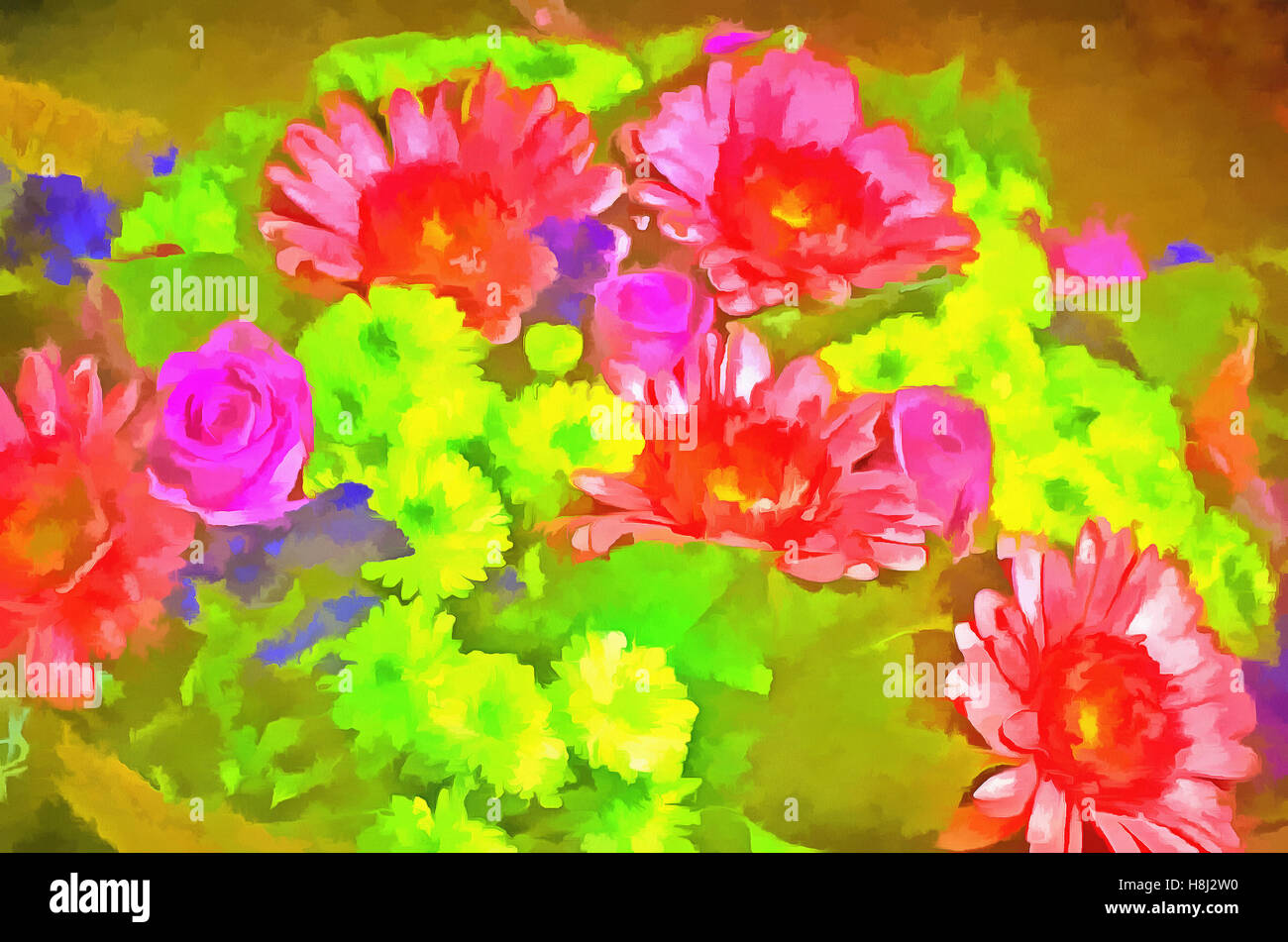 Gerberas, carnation,Illustrations flowers bouquet, painting,Chrysanthemum Stock Photo