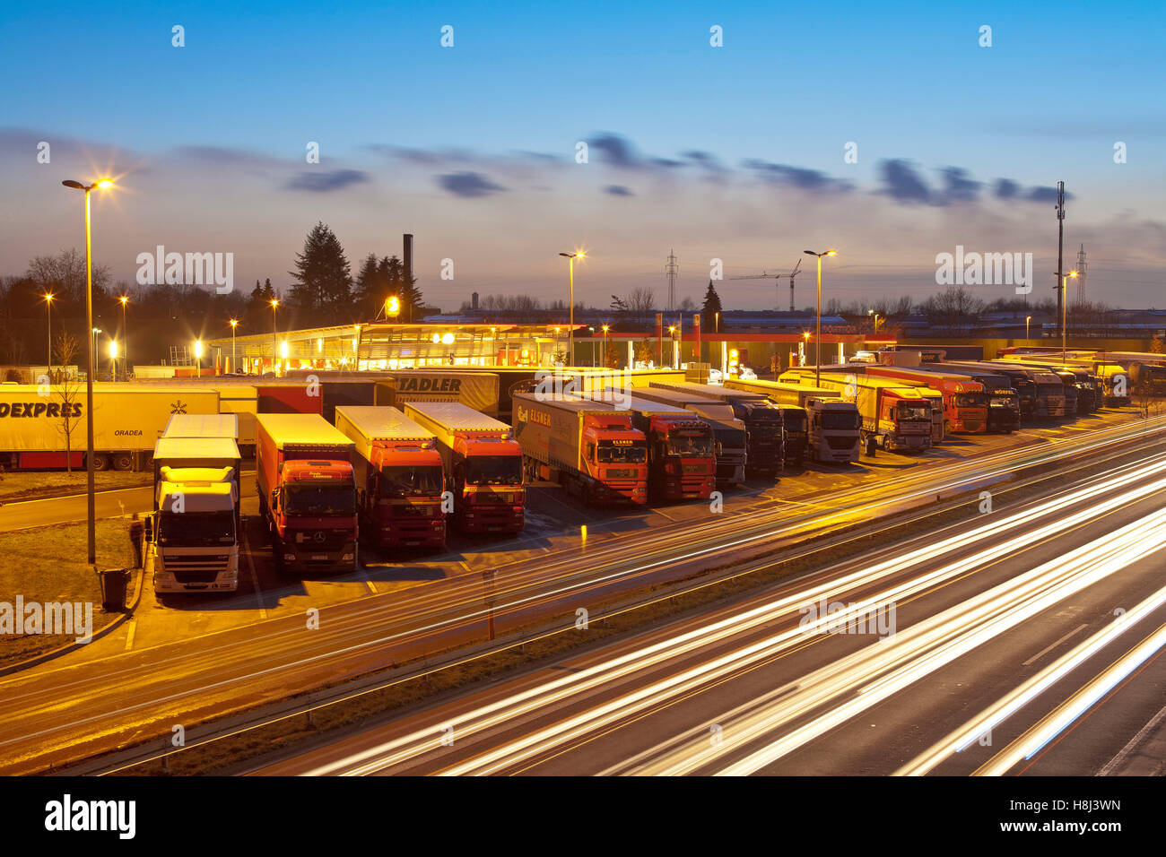 Germany,  Ruhr area, Bottrop, motorway station at the Autobahn A2 in direction to Hannover, truck stop. Stock Photo