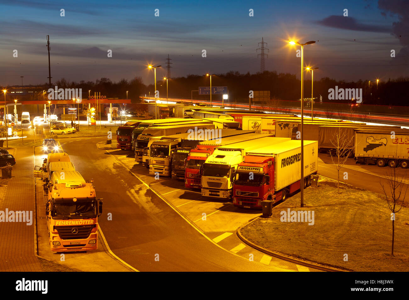 Germany,  Ruhr area, Bottrop, motorway station at the Autobahn A2 in direction to Hannover, truck stop. Stock Photo