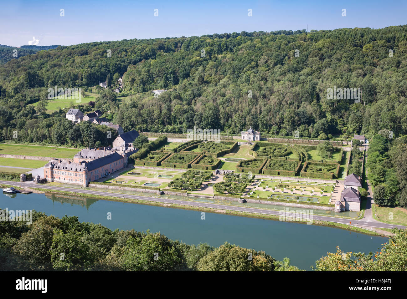 Aerial view chateau Freyr along river Meuse near Dinant in Belgium Stock Photo