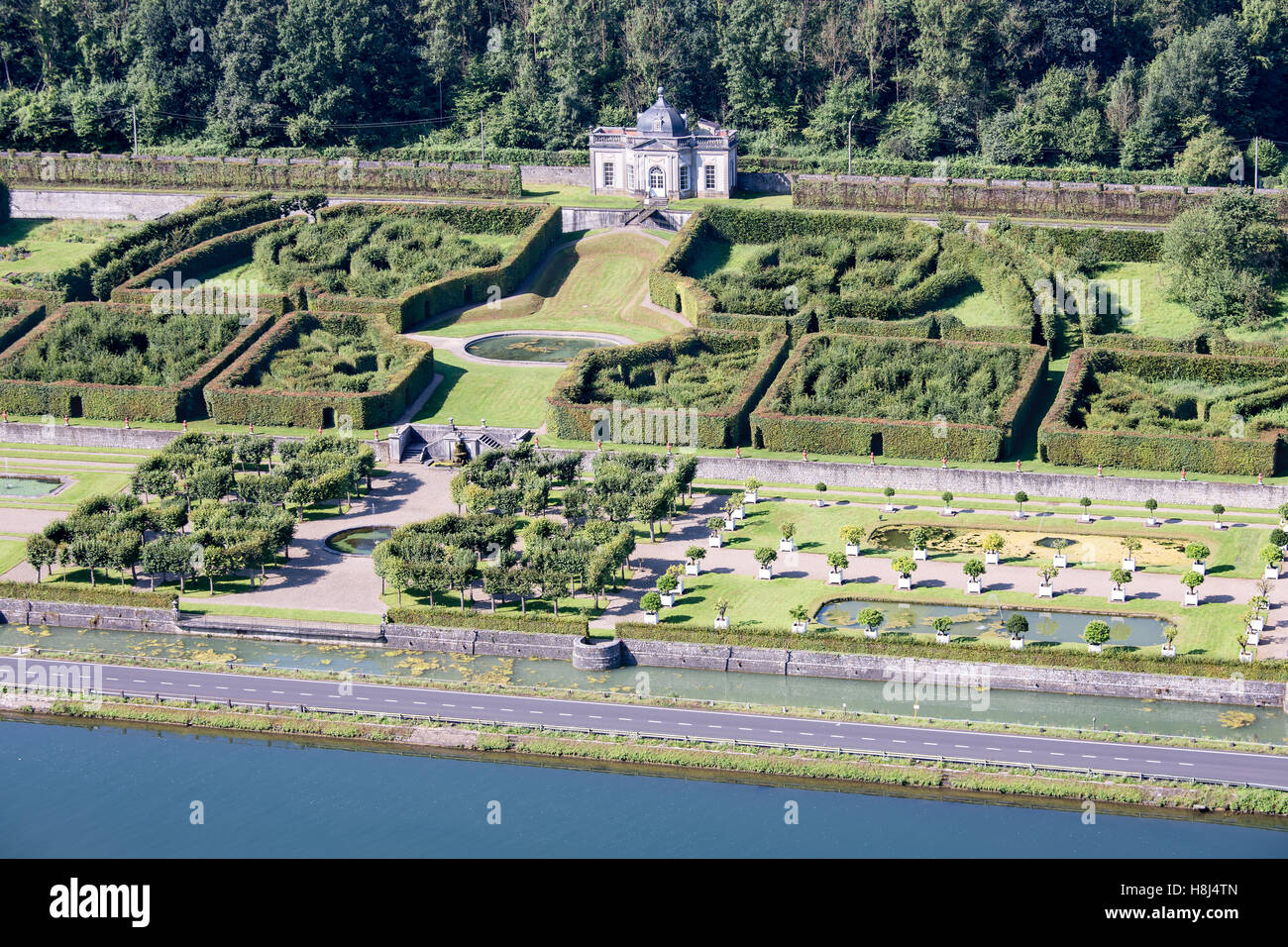 Aerial view gardens chateau Freyr along Meuse river near Dinant in Belgium Stock Photo