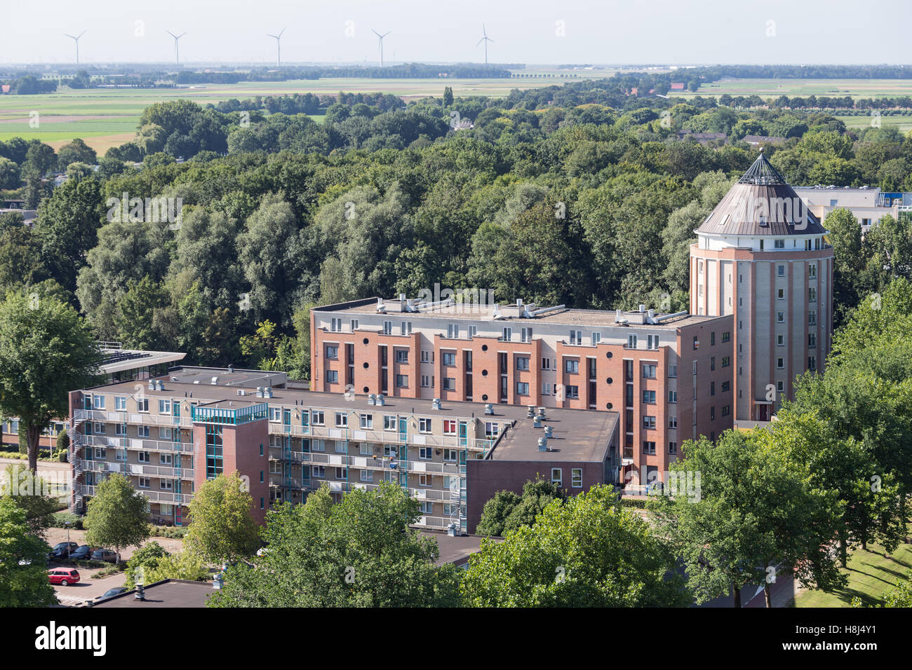 Flat and apartment building in Emmeloord, a Dutch city in a polder at the former bottom of the sea Stock Photo