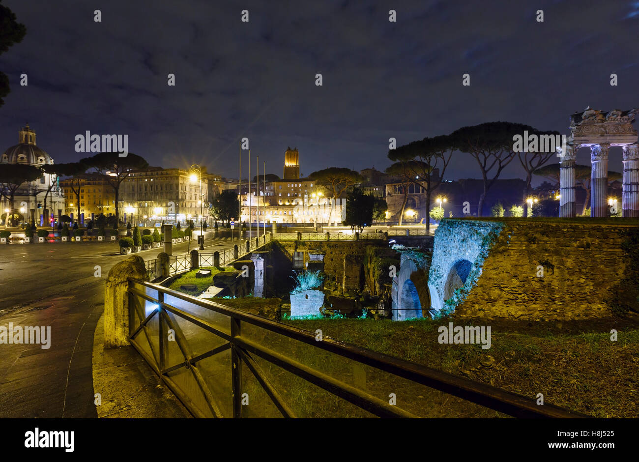 Rome City night illuminated view, Italy. From left to right: Church of ...