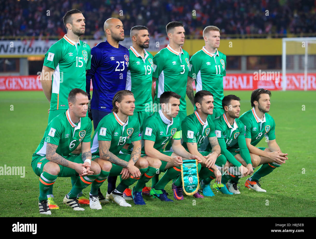 Republic of Ireland Team Group. Top Row (left to right) Cyrus Christie, Darren Randolph, Jonathan Walters, Ciaran Clark and James McClean. Bottom Row (left to right) Glenn Whelan, Jeff Hendrick, Seamus Coleman, Robbie Brady, Wes Hoolahan and Harry Arter prior to the 2018 FIFA World Cup Qualifying, Group D match at the Ernst-Happel-Stadion, Vienna. Stock Photo