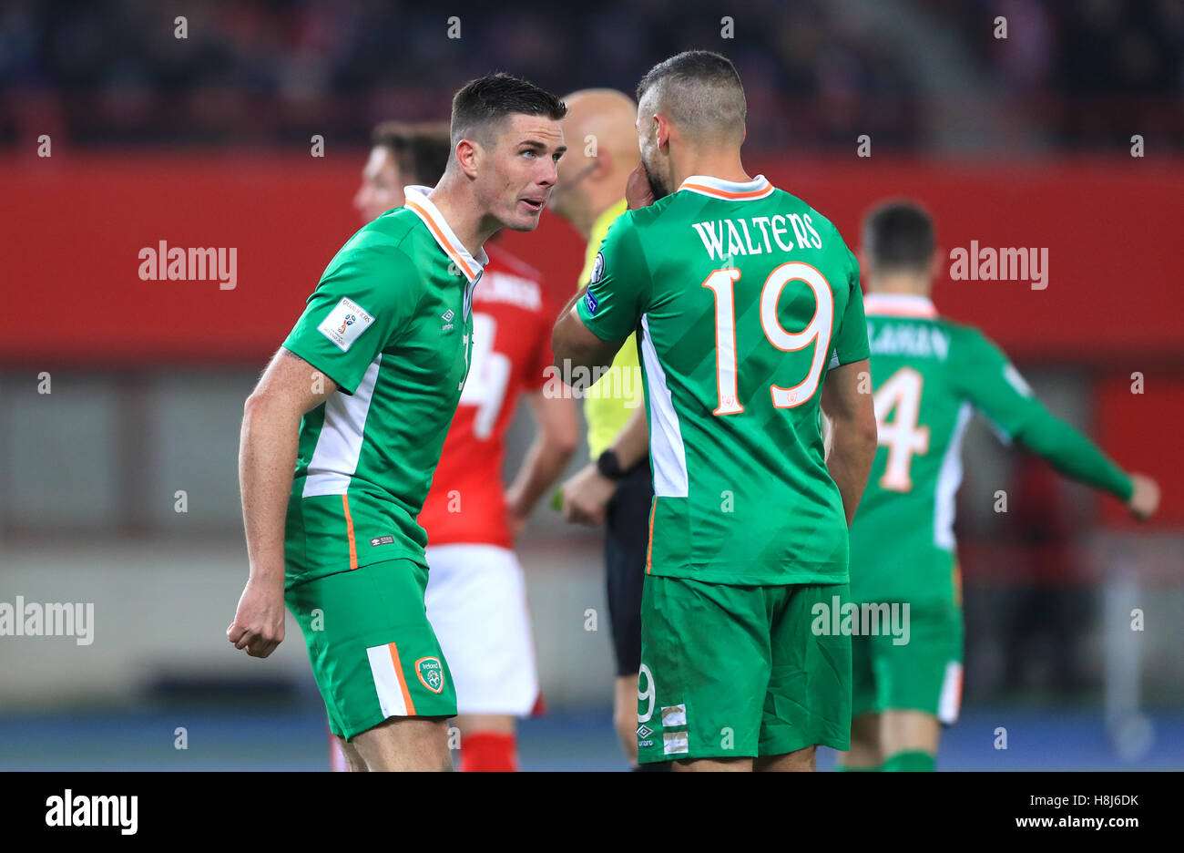 Republic of Ireland's Ciaran Clark and Jonathan Walters speak after being caught offside during the 2018 FIFA World Cup Qualifying, Group D match at the Ernst-Happel-Stadion, Vienna. Stock Photo
