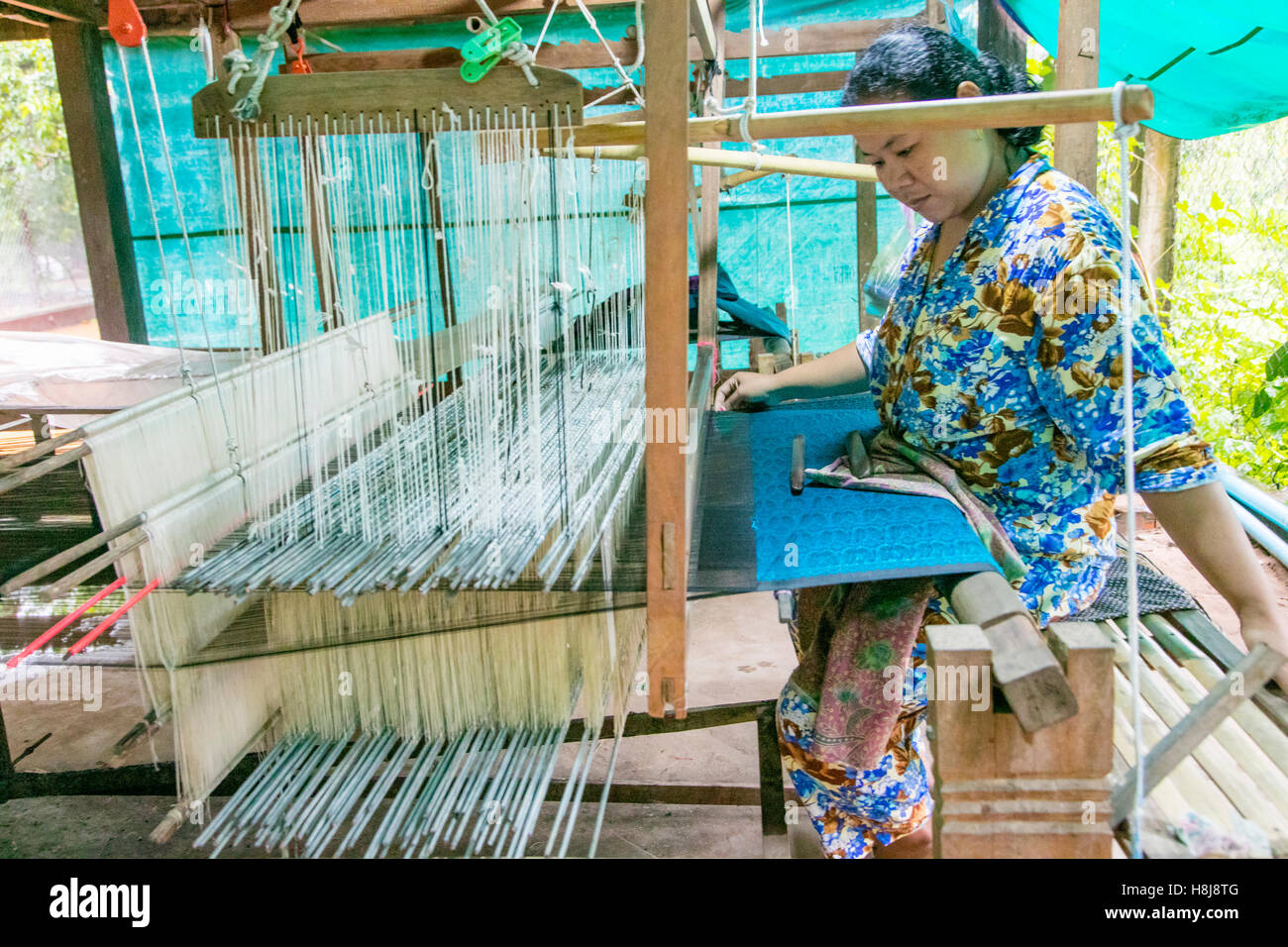 Silk loom, Silk plantation, Koh Oknha Tey Island, Cambodia Stock Photo