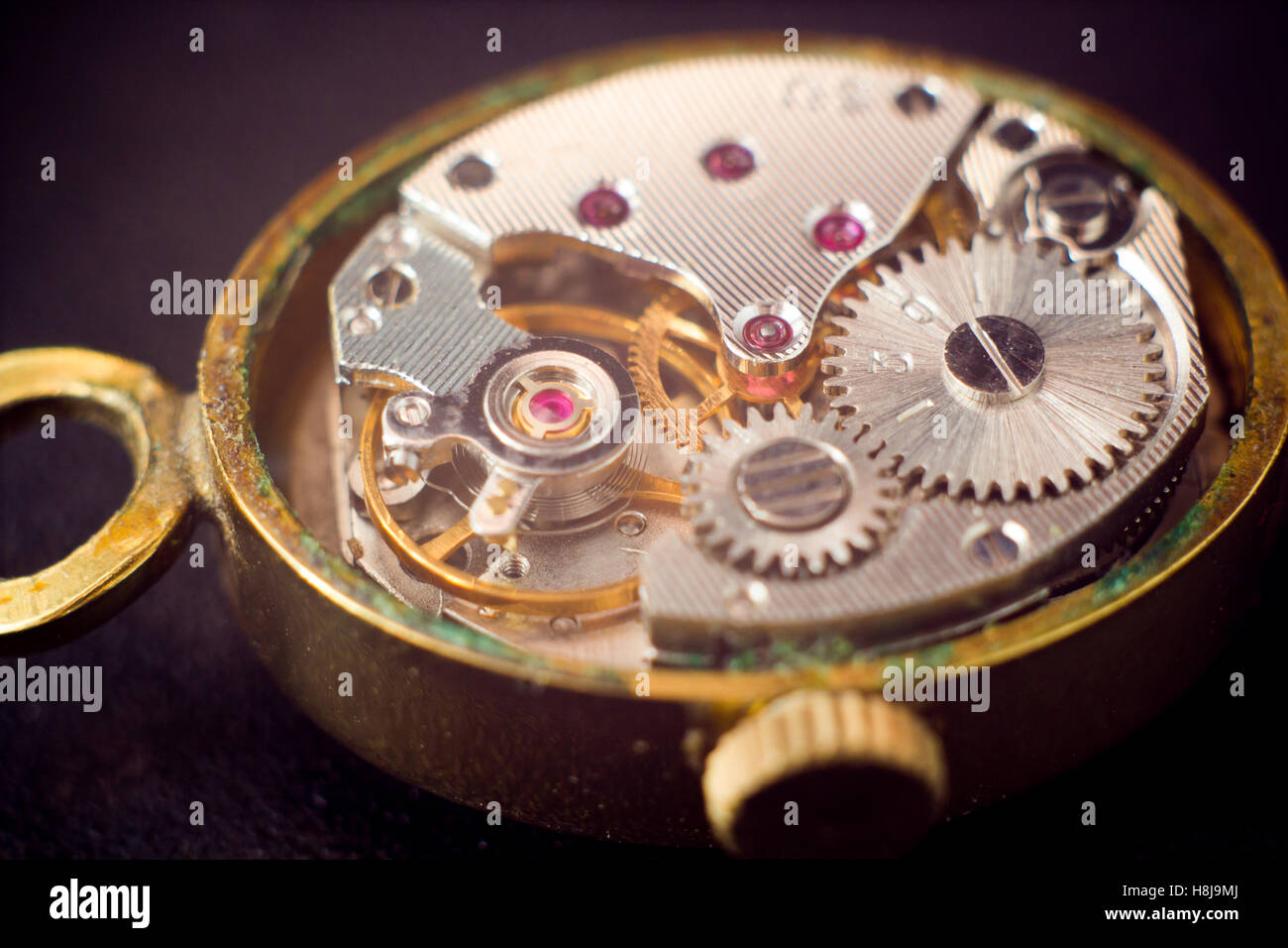 Old analogue clock mechanism Stock Photo